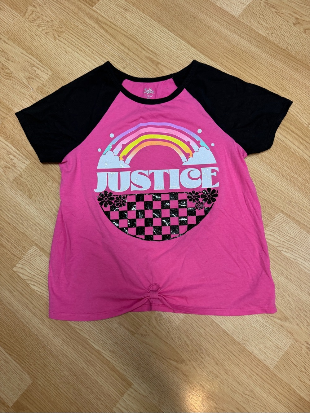 Justice Girls XL 16/18 Pink Black Rainbow Graphic Knot Front Raglan Tee Shirt